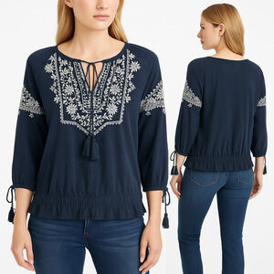 Lucky Brand Navy Blue Embroidered Tie Neck Tassel Bohemian Blouse Womens Medium